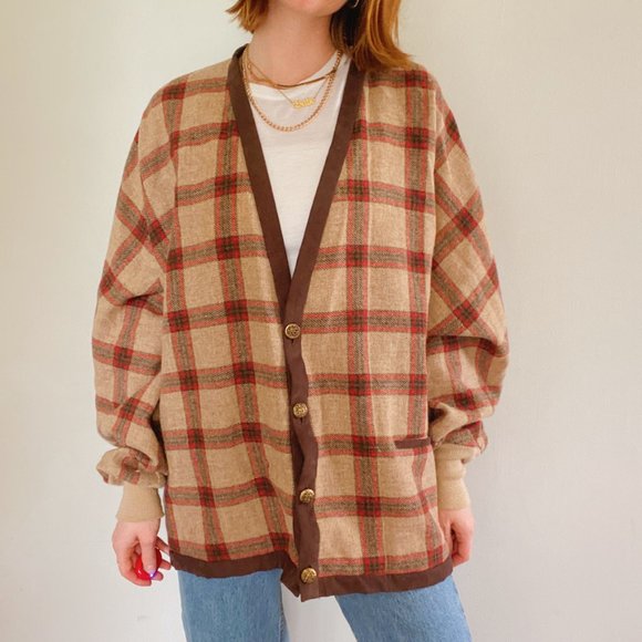 Vintage Brown Plaid Oversized Cardigan Sweater